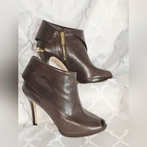 Michael Kors Elegant Chocolate Brown Leather Peep Toe Ankle Boots